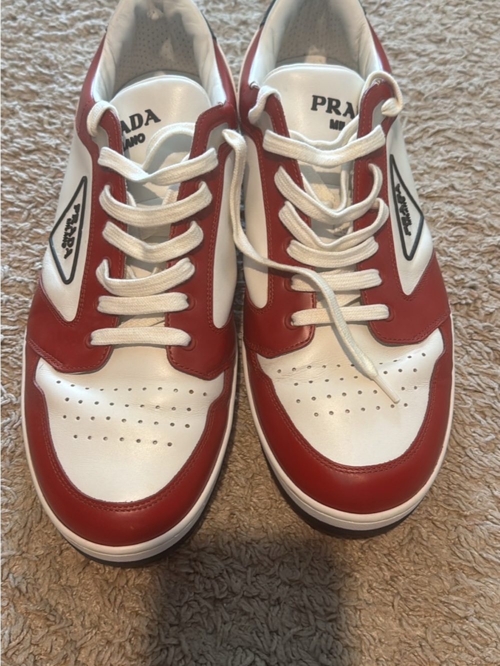 PRADA DOWNTOWN SNEAKERS RED WHITE LEATHER TRIANGLE LOGO LOW TOP